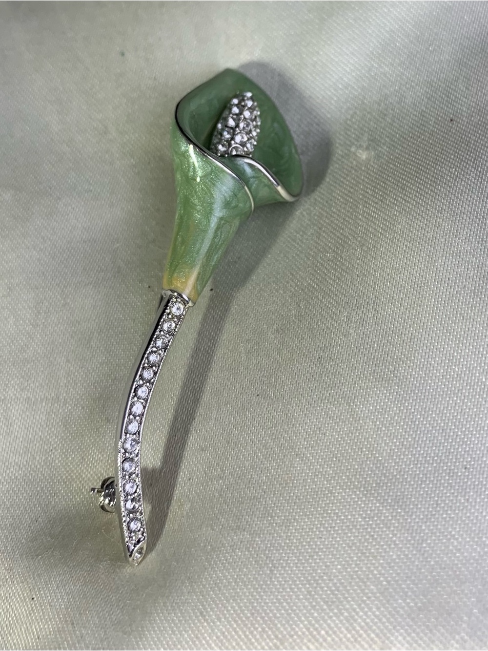 Nolan Miller Green Enamel Calla Lily Brooch with Clear Crystals